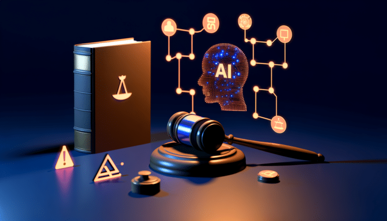 AI news illustration showing courthouse gavel alongside AI neural network