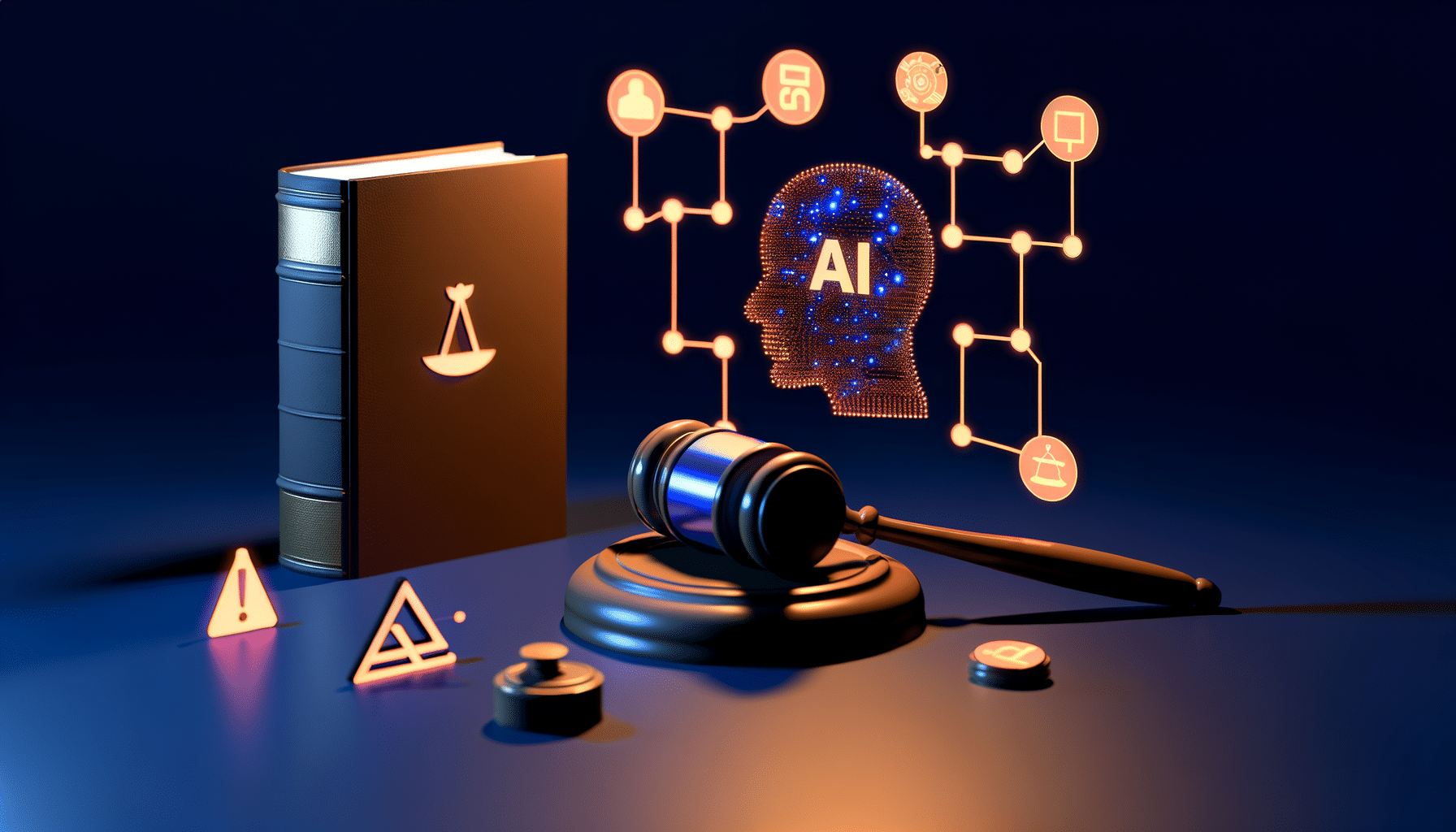 AI news illustration showing courthouse gavel alongside AI neural network