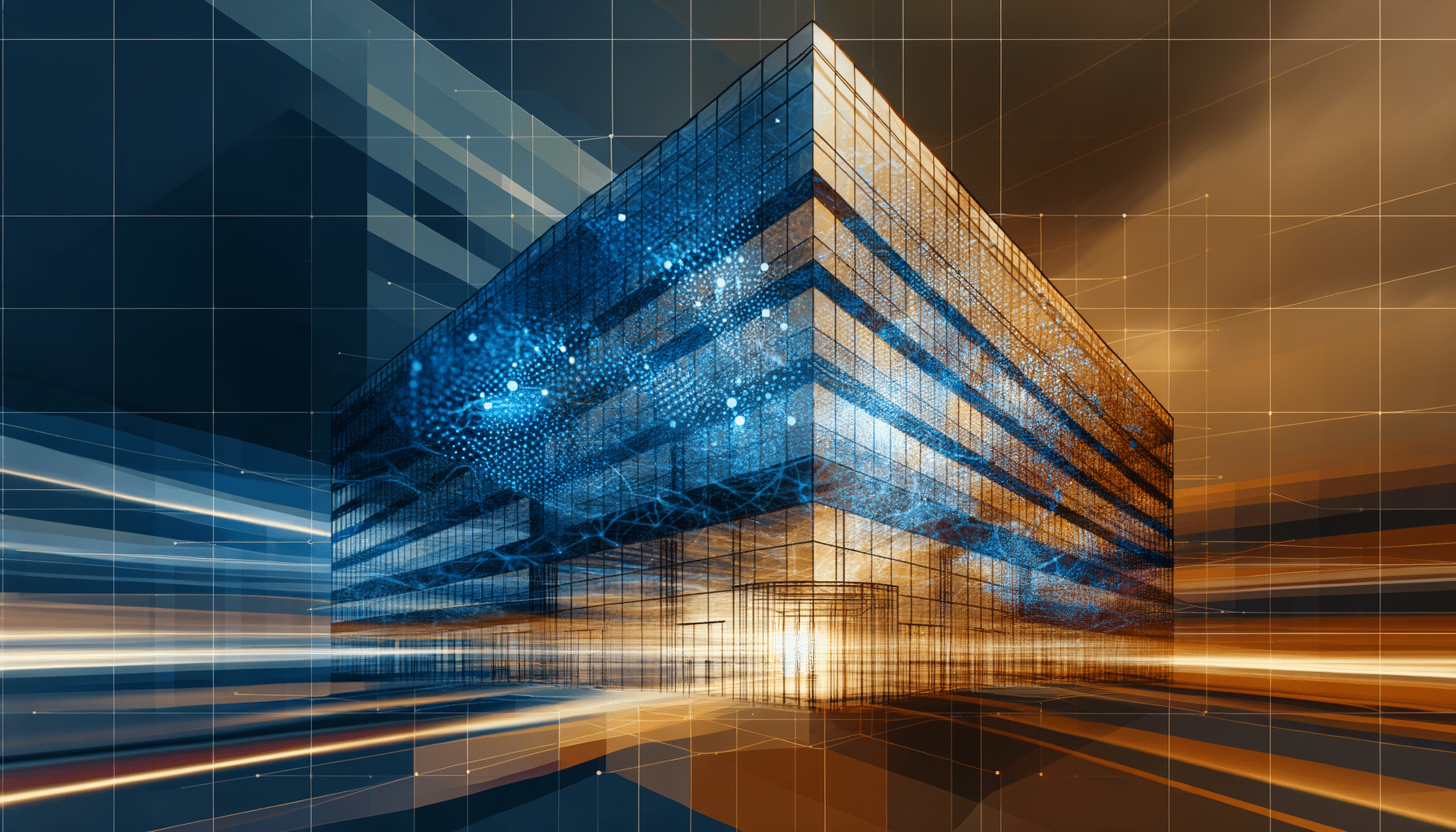 Abstract visualization of corporate AI transformation with neural network patterns