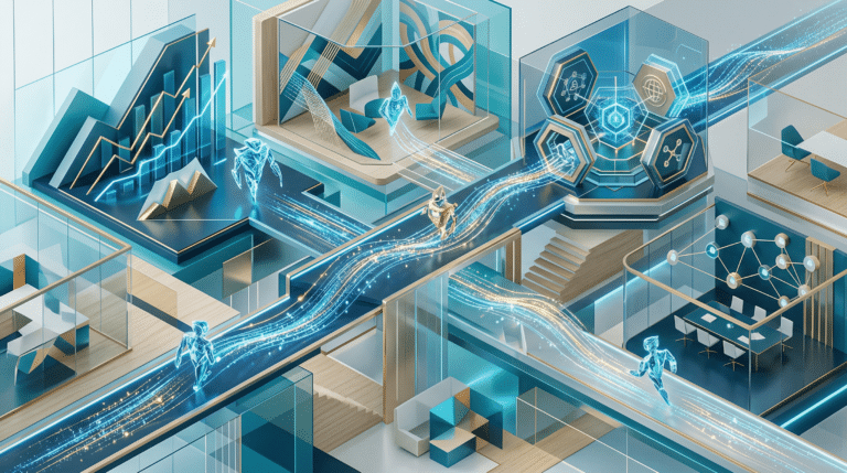 Abstract illustration of autonomous AI agents connecting enterprise business departments