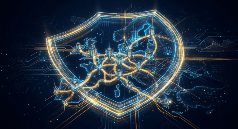 Abstract digital landscape showing European data centers connected by glowing network lines forming a shield shape, representing sovereign cloud infrastructure
