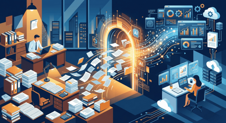 Professional illustration of accounting office transforming from manual to AI-automated workflows