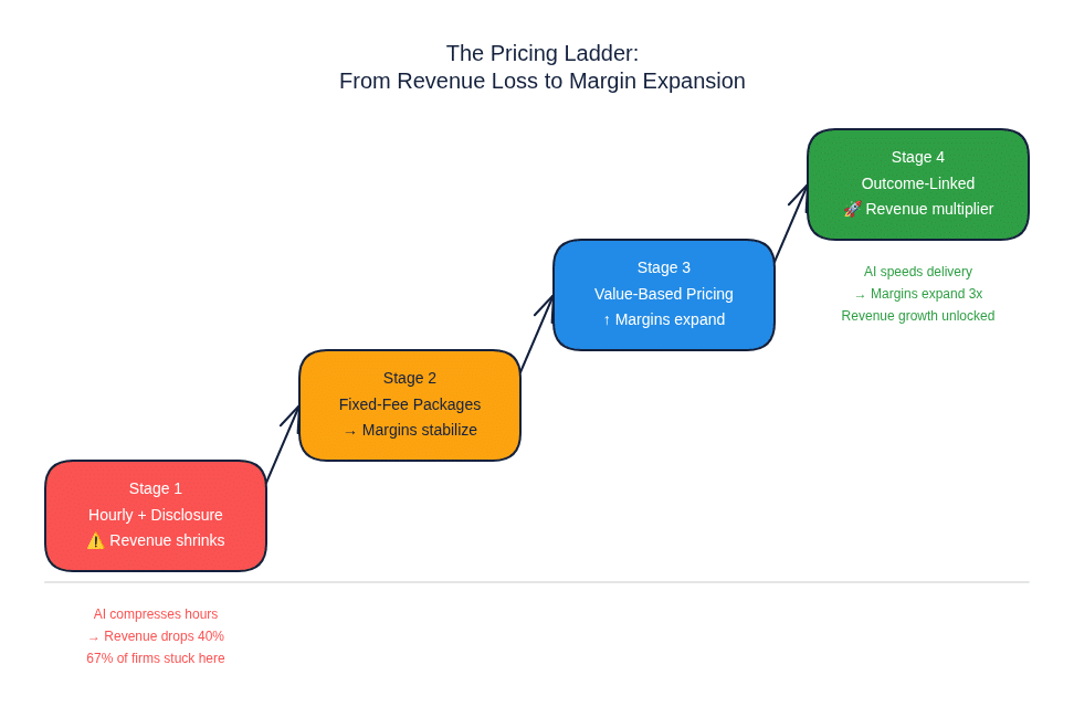 The Pricing Ladder: Four stages from hourly billing to outcome-linked retainers showing margin evolution for professional services firms adopting AI