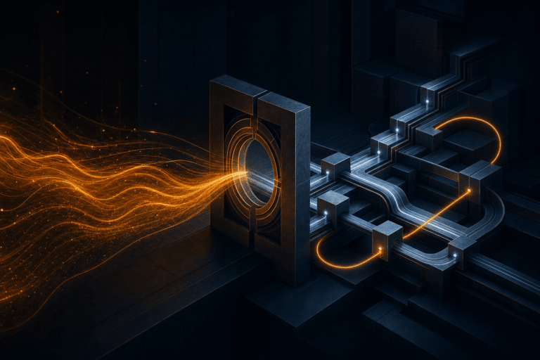 Abstract amber context streams passing through a controlled contract gateway into governed AI delivery architecture