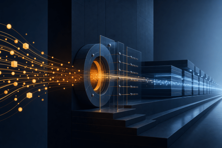 Abstract amber AI signals passing through a governed control gate into a stable blue customer commitment system