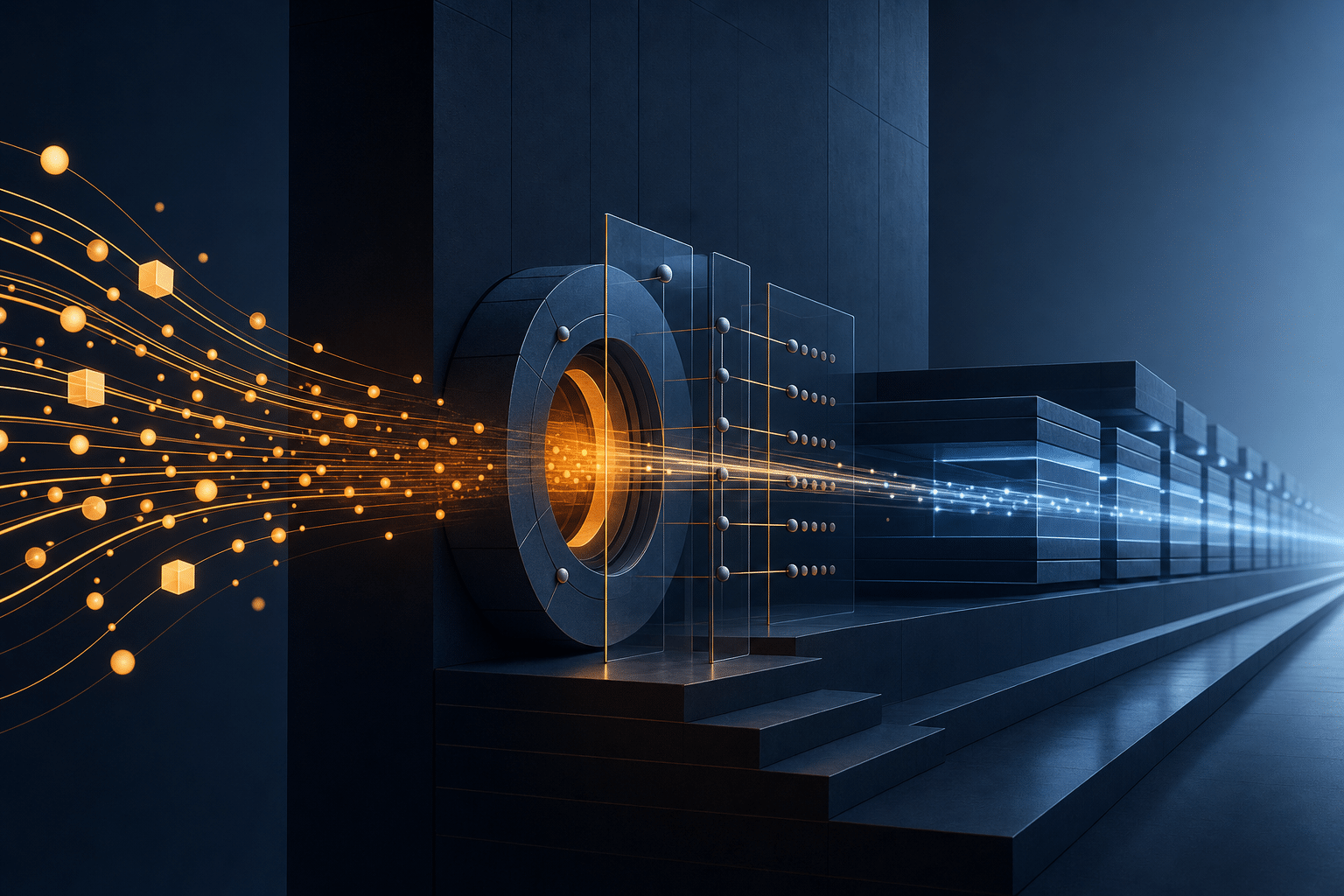 Abstract amber AI signals passing through a governed control gate into a stable blue customer commitment system