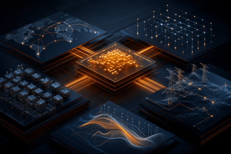 Abstract AI control layer connecting compute chips, global search networks, language signals and power infrastructure