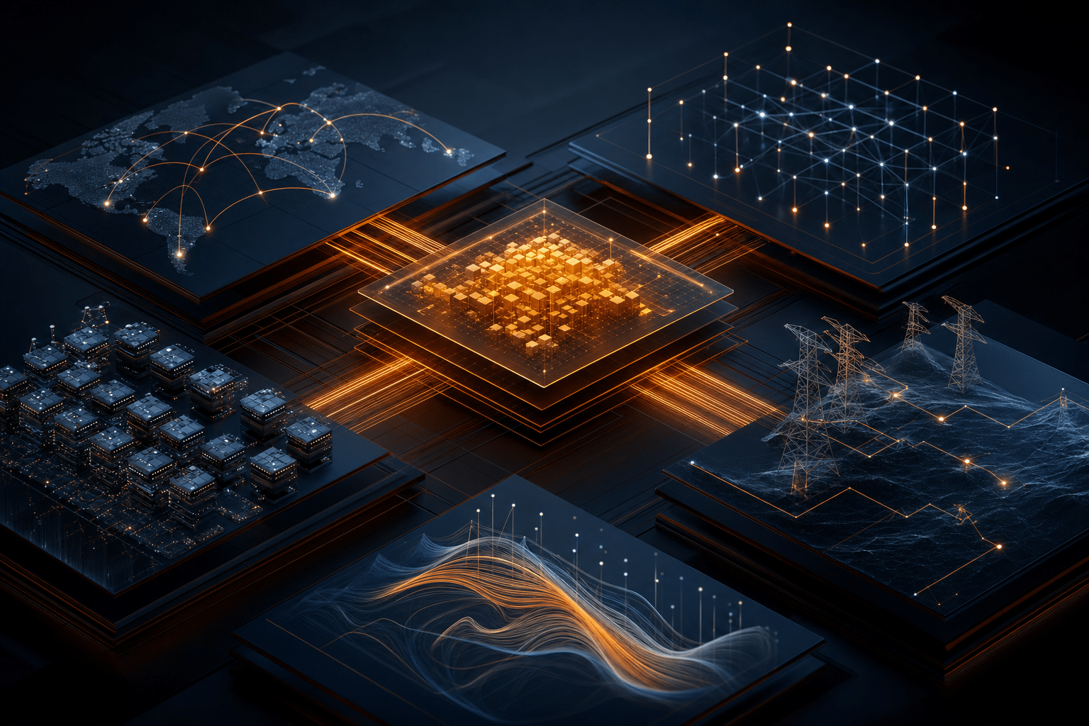 Abstract AI control layer connecting compute chips, global search networks, language signals and power infrastructure