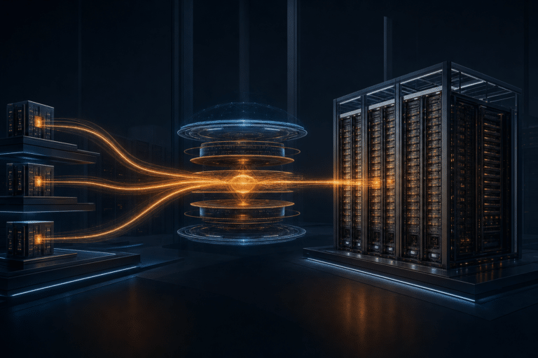 Abstract enterprise AI architecture connecting local agent nodes through a governed context layer to open-rack compute infrastructure