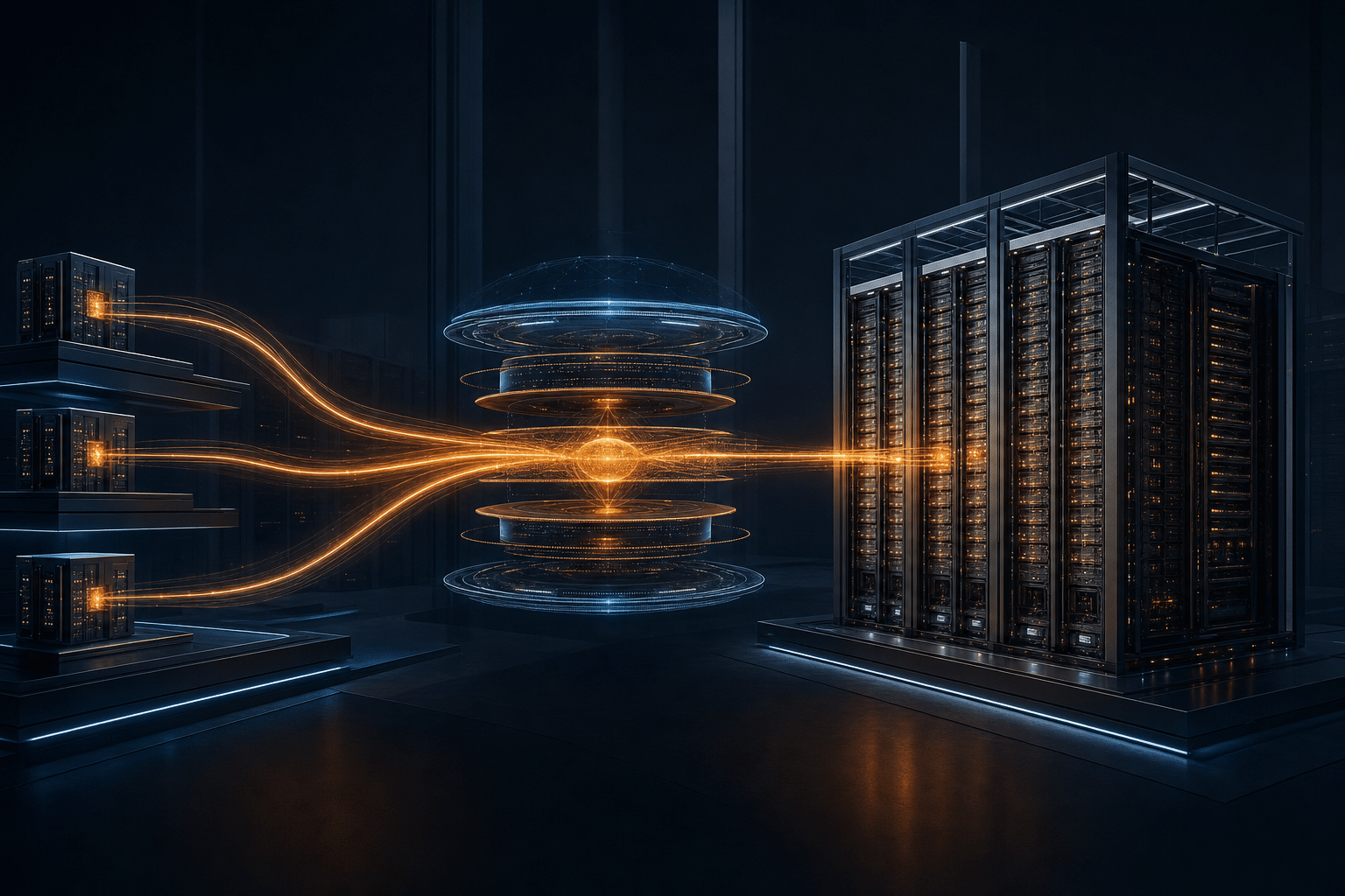 Abstract enterprise AI architecture connecting local agent nodes through a governed context layer to open-rack compute infrastructure