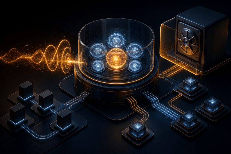 Abstract dark navy AI infrastructure with an amber containment signal, protected model cluster, routed nodes and secure provenance vault