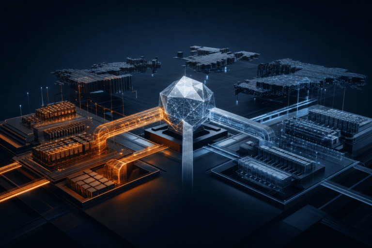 Abstract AI infrastructure showing an open model core connecting amber compute capacity with a governed steel-blue enterprise data plane