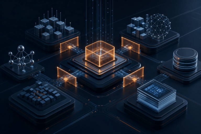 Abstract AI infrastructure architecture showing connected platforms passing through controlled permission gates into a central enterprise operating layer