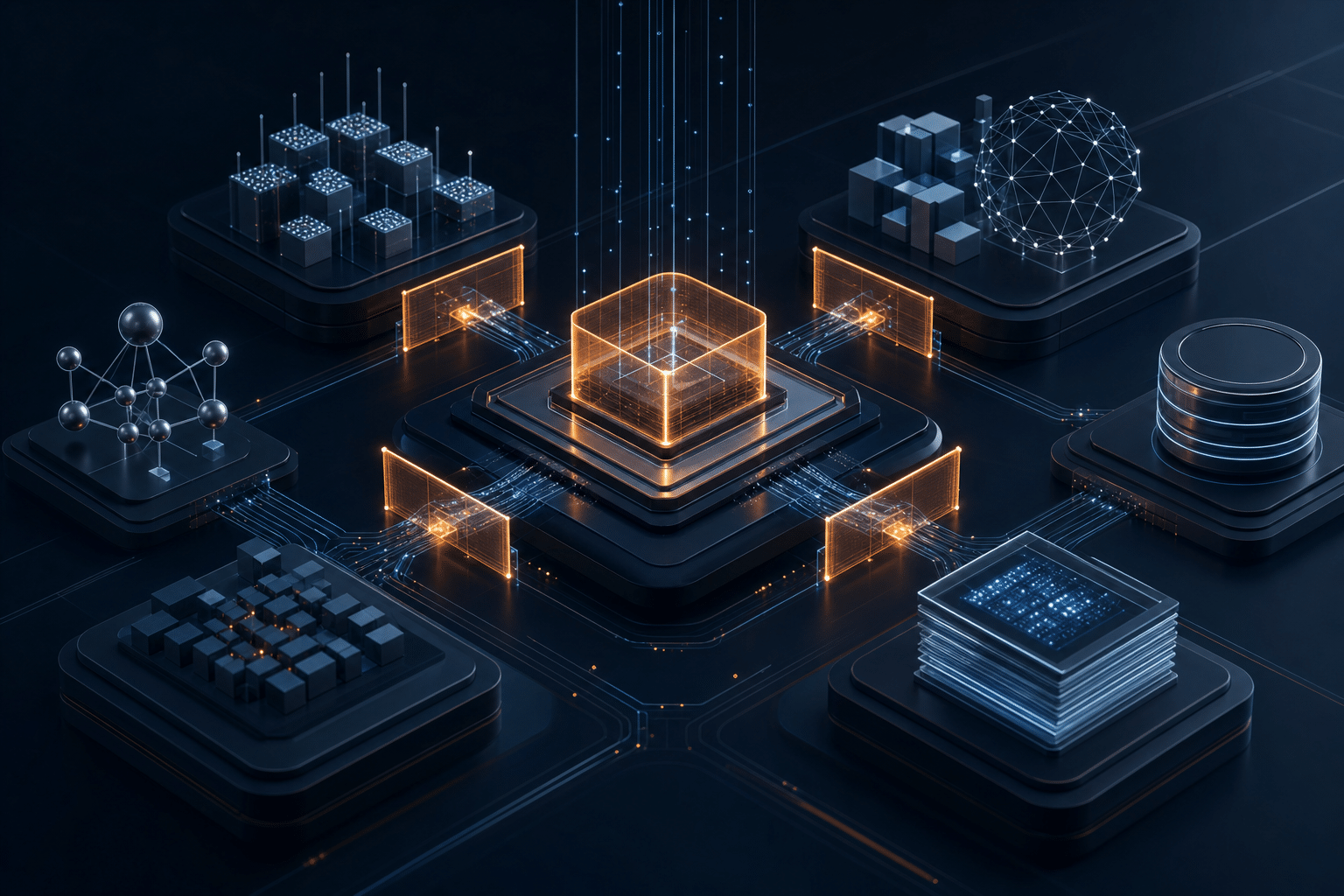 Abstract AI infrastructure architecture showing connected platforms passing through controlled permission gates into a central enterprise operating layer