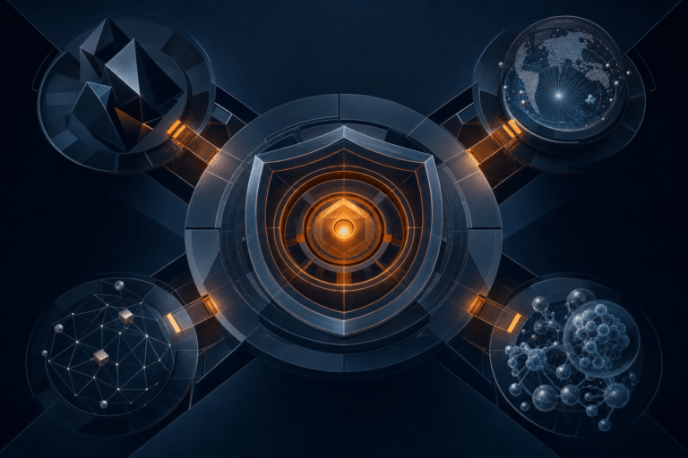 Abstract dark navy AI control architecture with an amber security core connecting red-team, global speech-risk and bioresilience systems