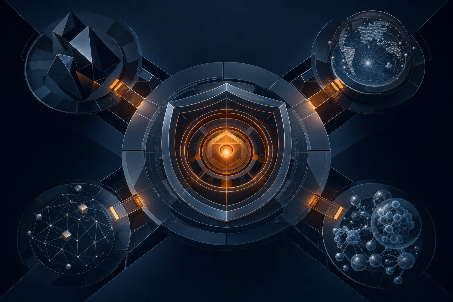 Abstract dark navy AI control architecture with an amber security core connecting red-team, global speech-risk and bioresilience systems