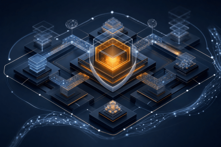 Abstract AI security architecture with an amber control core, protected agent pathways and layered infrastructure