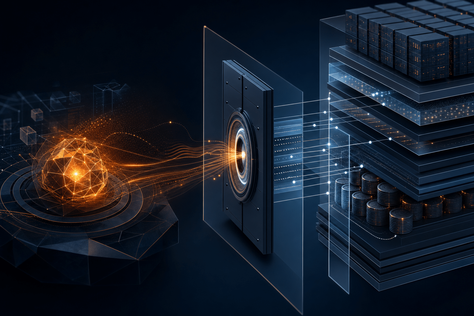 Abstract AI capability core passing through a validation gate into layered compute and capital infrastructure
