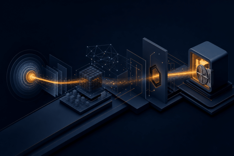 Abstract AI transparency telemetry architecture connecting a customer touchpoint, model infrastructure, human control gate and secure evidence vault