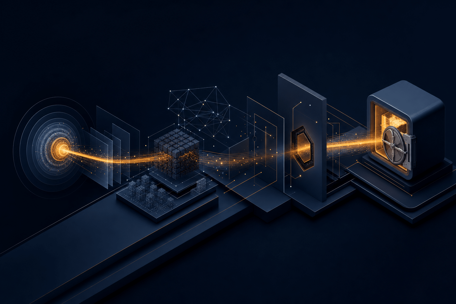 Abstract AI transparency telemetry architecture connecting a customer touchpoint, model infrastructure, human control gate and secure evidence vault