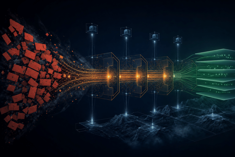 Abstract managed IT architecture transforming fragmented support tickets through autonomous control gates into verified service outcomes