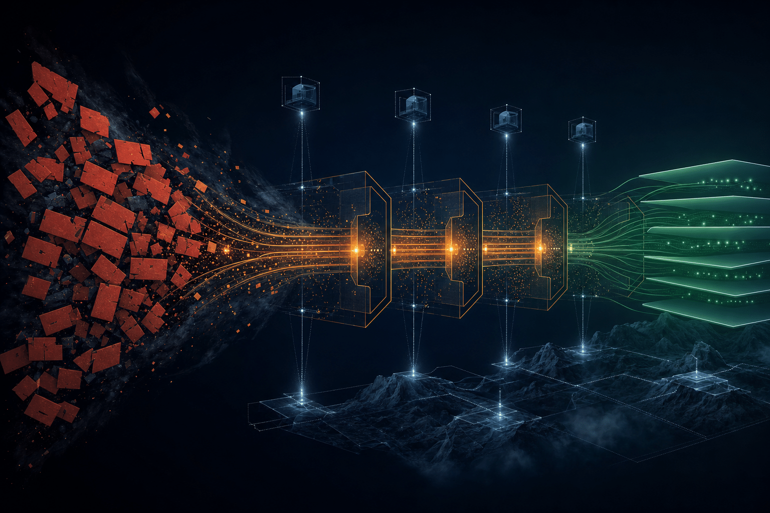 Abstract managed IT architecture transforming fragmented support tickets through autonomous control gates into verified service outcomes