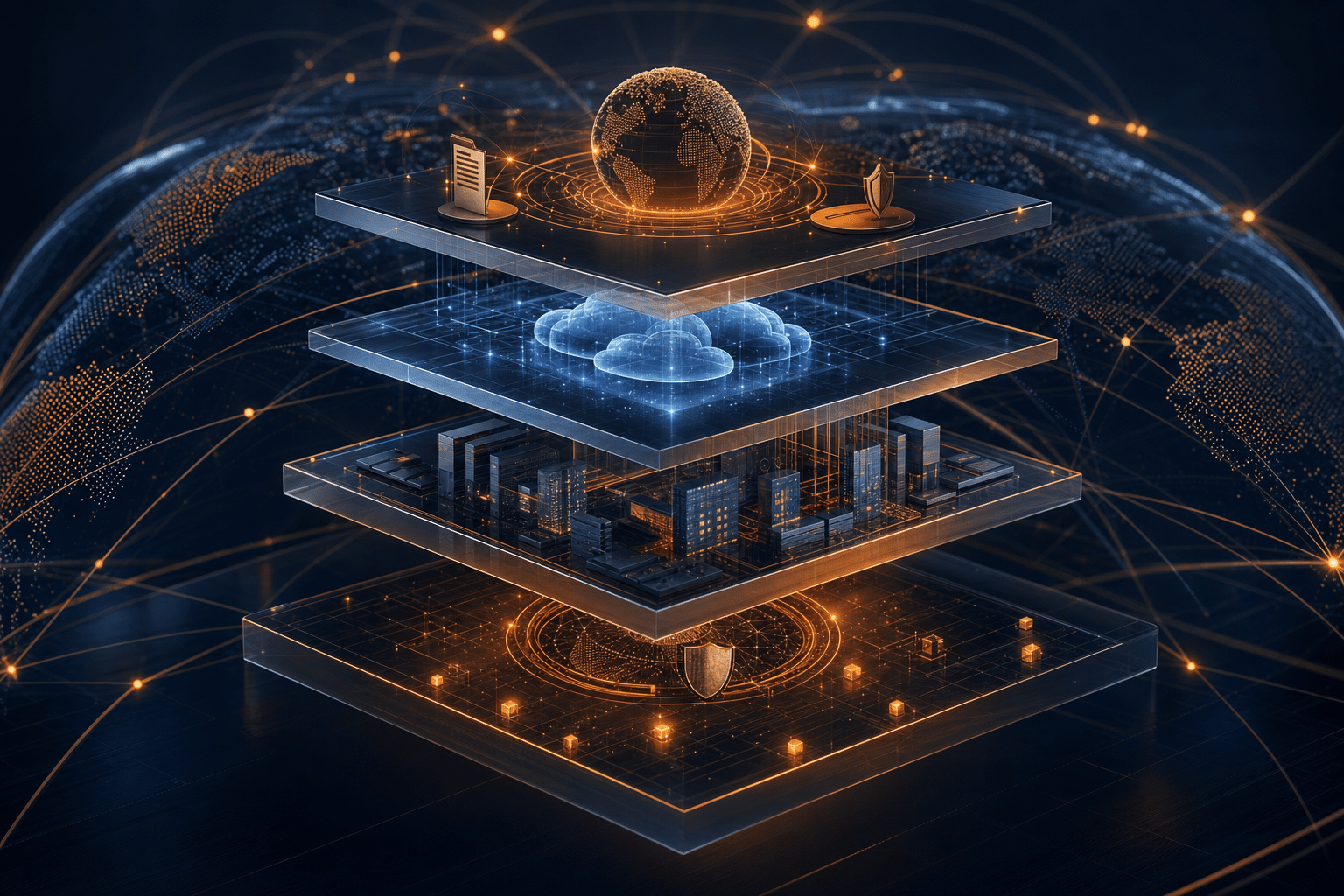 Abstract global AI infrastructure layers and agentic risk controls