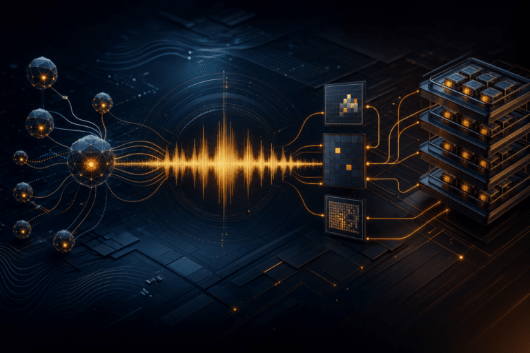 Abstract AI voice waveform connected to agents and compute infrastructure