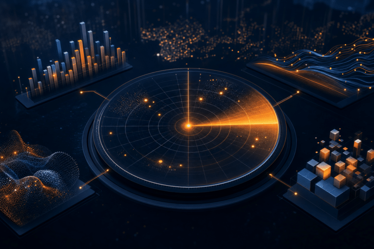 Abstract private equity weak signal radar detecting portfolio patterns