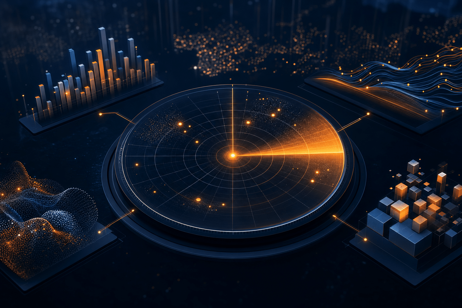 Abstract private equity weak signal radar detecting portfolio patterns
