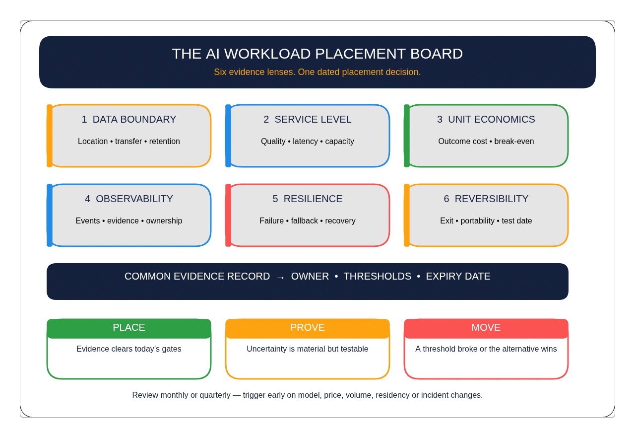 AI Workload Placement Board showing six evidence lenses and Place, Prove or Move decisions