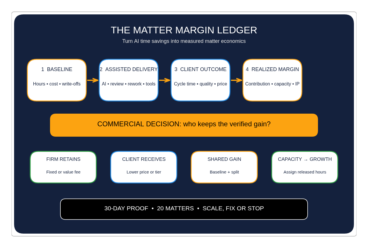 Matter Margin Ledger showing how baseline delivery, AI-assisted work, review cost and pricing combine into realized margin