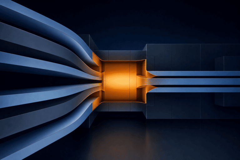Abstract AI delivery architecture with four steel-blue cost streams converging into an amber measurement core