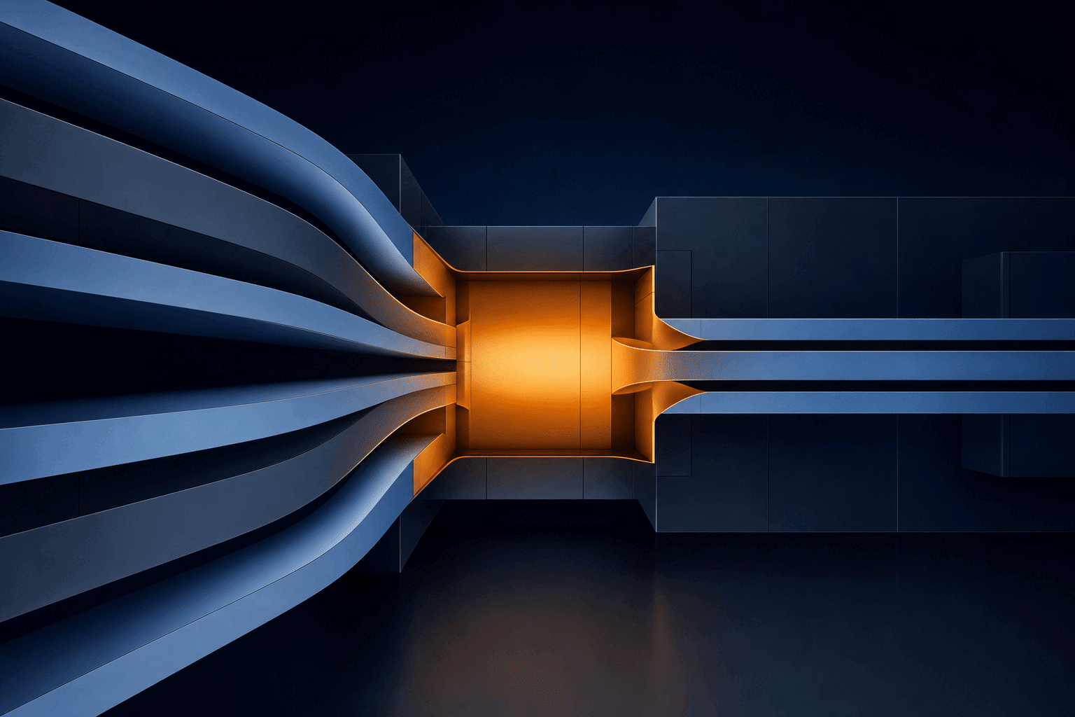 Abstract AI delivery architecture with four steel-blue cost streams converging into an amber measurement core