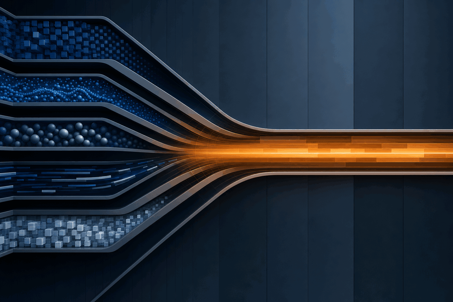 Five abstract AI workload channels converging into one amber operating evidence spine