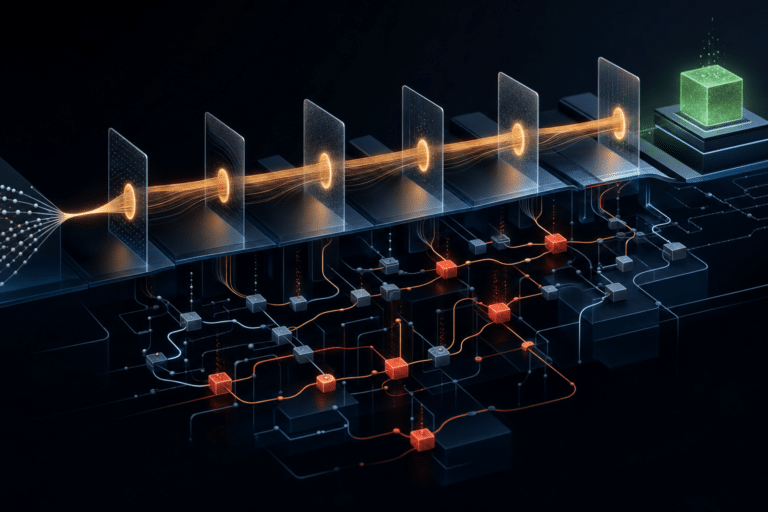 Abstract AI diligence architecture revealing exception queues and dependency risk beneath a controlled path to validated enterprise value
