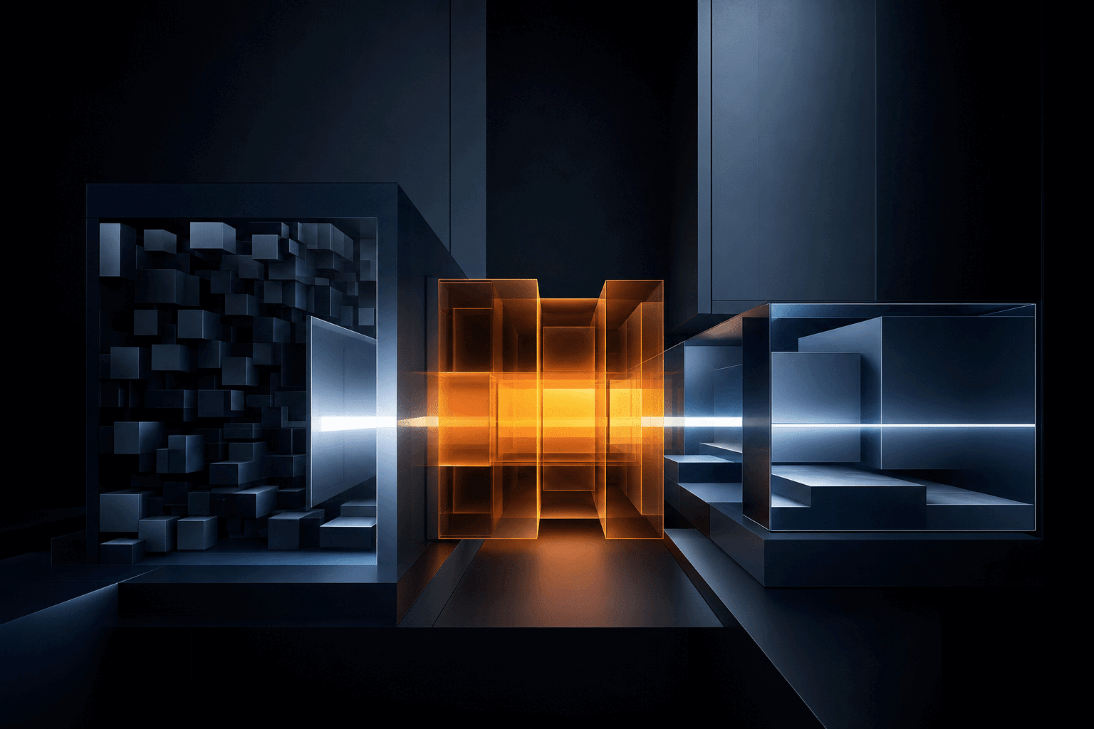 Abstract AI infrastructure with specialized compute, routing and data zones connected through an amber control core