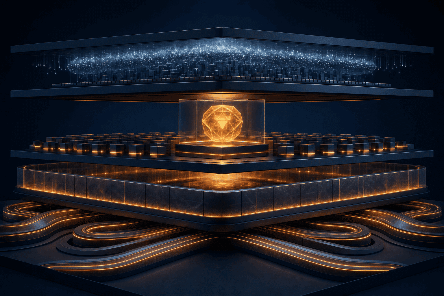 Abstract architecture showing AI capability moving through compute, edge, rights and workflow layers