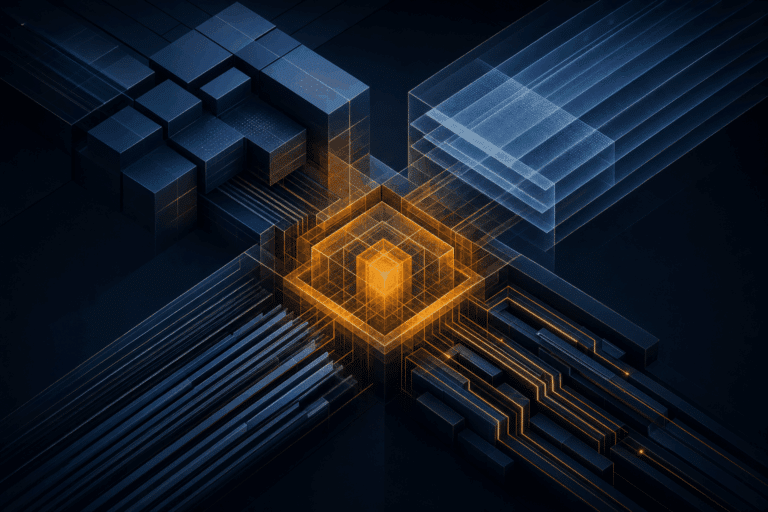 Abstract amber AI operating core connecting resilient dark navy workflow, privacy and coordination architecture