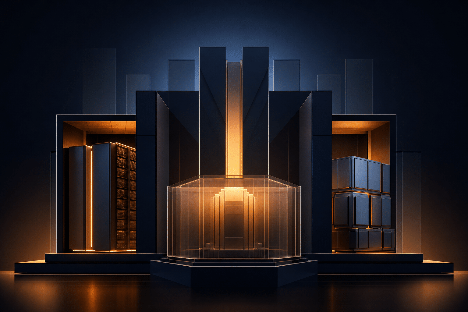 Abstract dark AI compute architecture with amber-lit capital, runtime and infrastructure layers