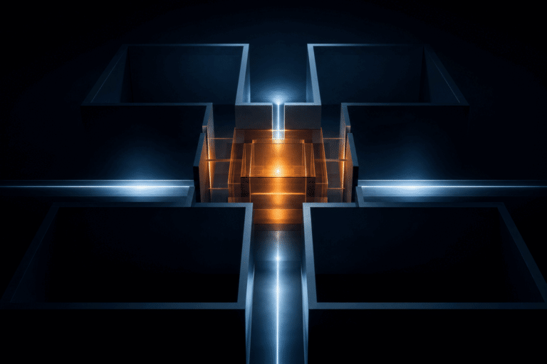 Abstract dark AI architecture with four bounded chambers connected to an amber control core