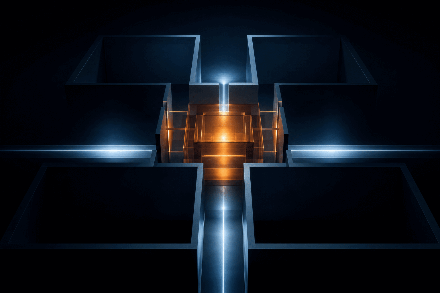Abstract dark AI architecture with four bounded chambers connected to an amber control core