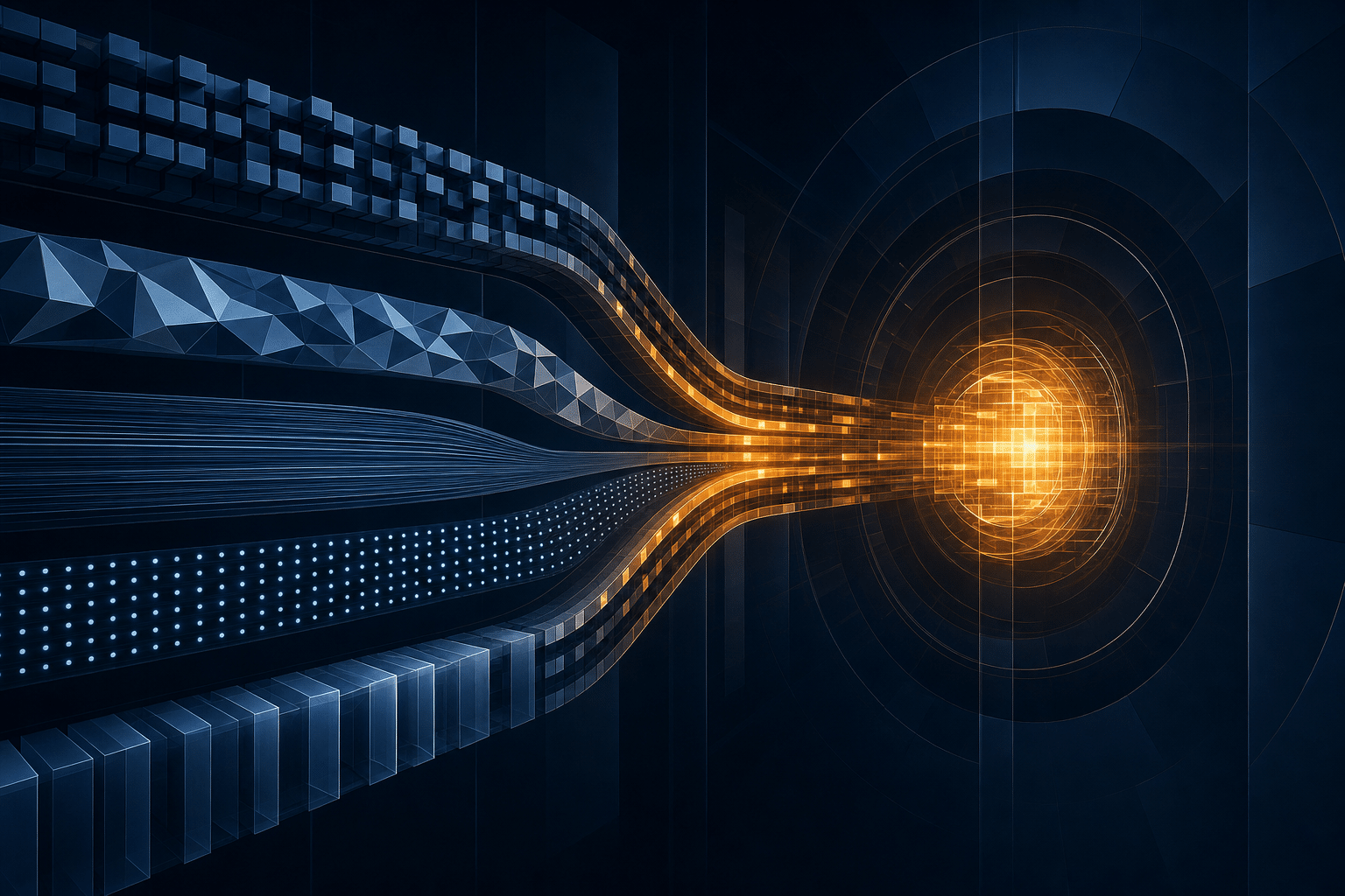 Abstract AI infrastructure streams converging into a controlled amber operating core