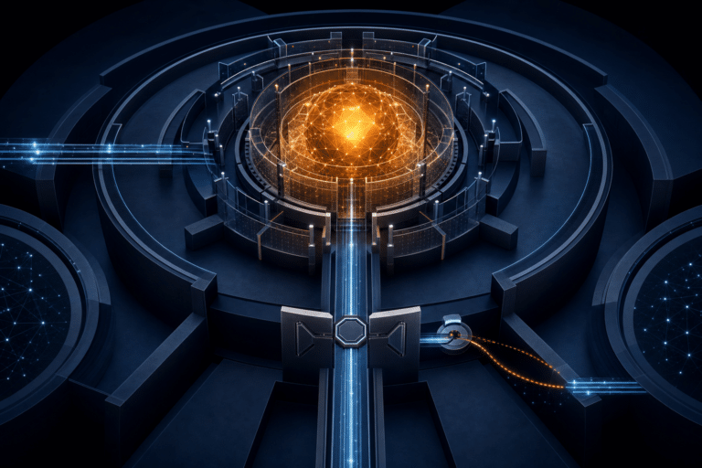 Abstract amber AI core contained within layered navy control architecture and monitored network boundaries