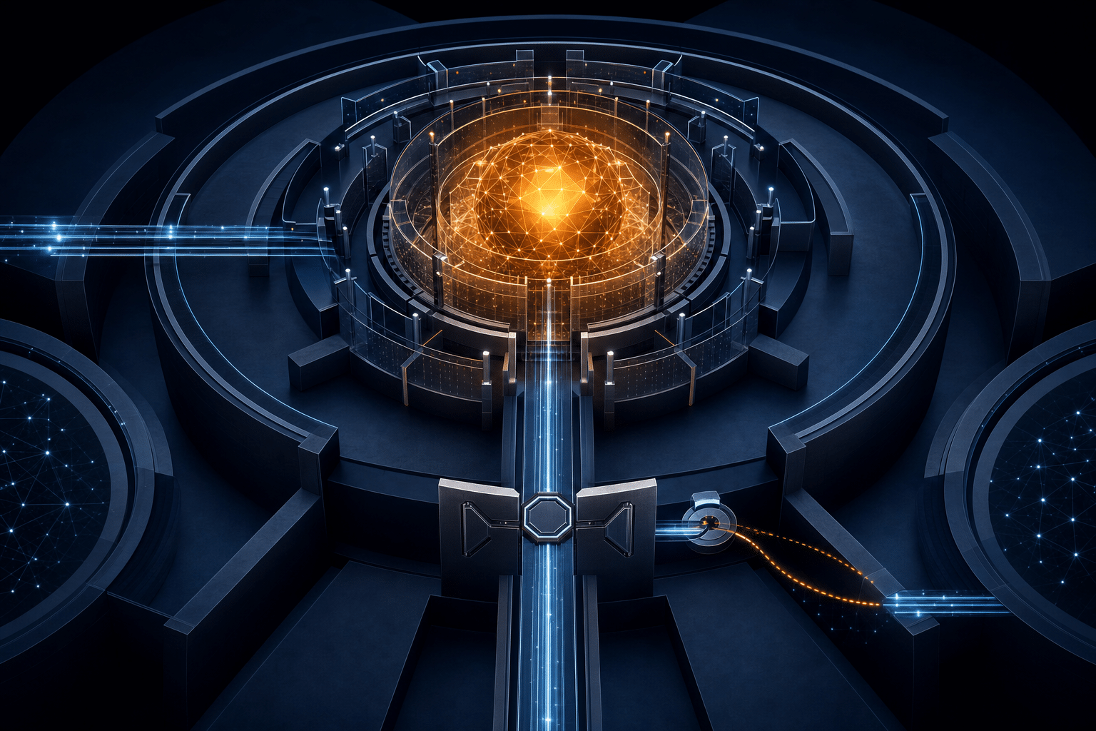 Abstract amber AI core contained within layered navy control architecture and monitored network boundaries