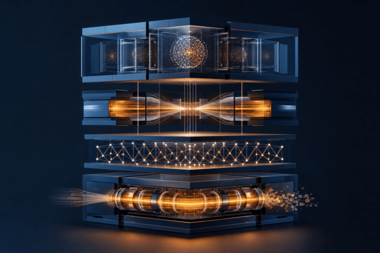 Abstract layered AI control plane turning evaluation, cost, incident and remediation signals into operational evidence