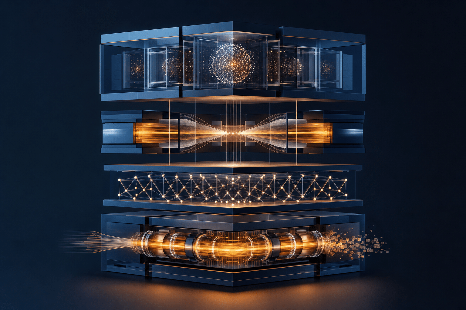 Abstract layered AI control plane turning evaluation, cost, incident and remediation signals into operational evidence