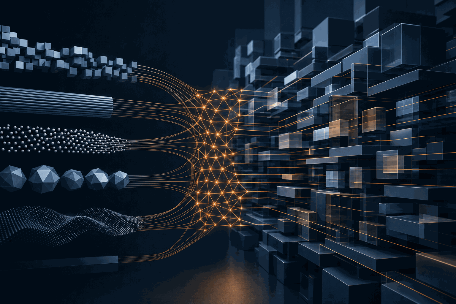 Abstract amber AI distribution lattice connecting geometric model streams to dark business workflow architecture