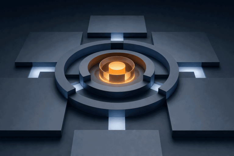 Abstract concentric AI operating layers around an amber production core