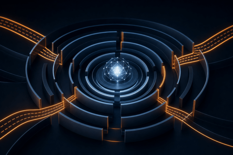 Abstract production AI core surrounded by controlled routing and governance boundaries